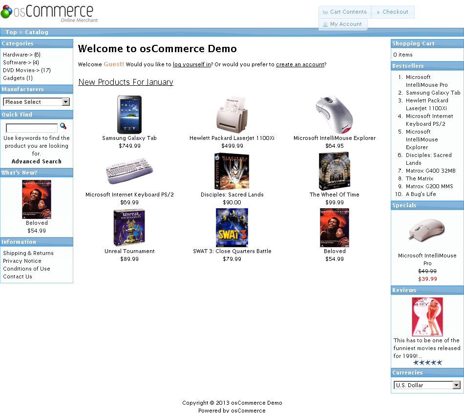 Página principal de la demo online de osCommerce