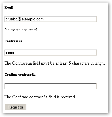 Ejemplo de como mostrar los errores debajo de cada campo del formulario